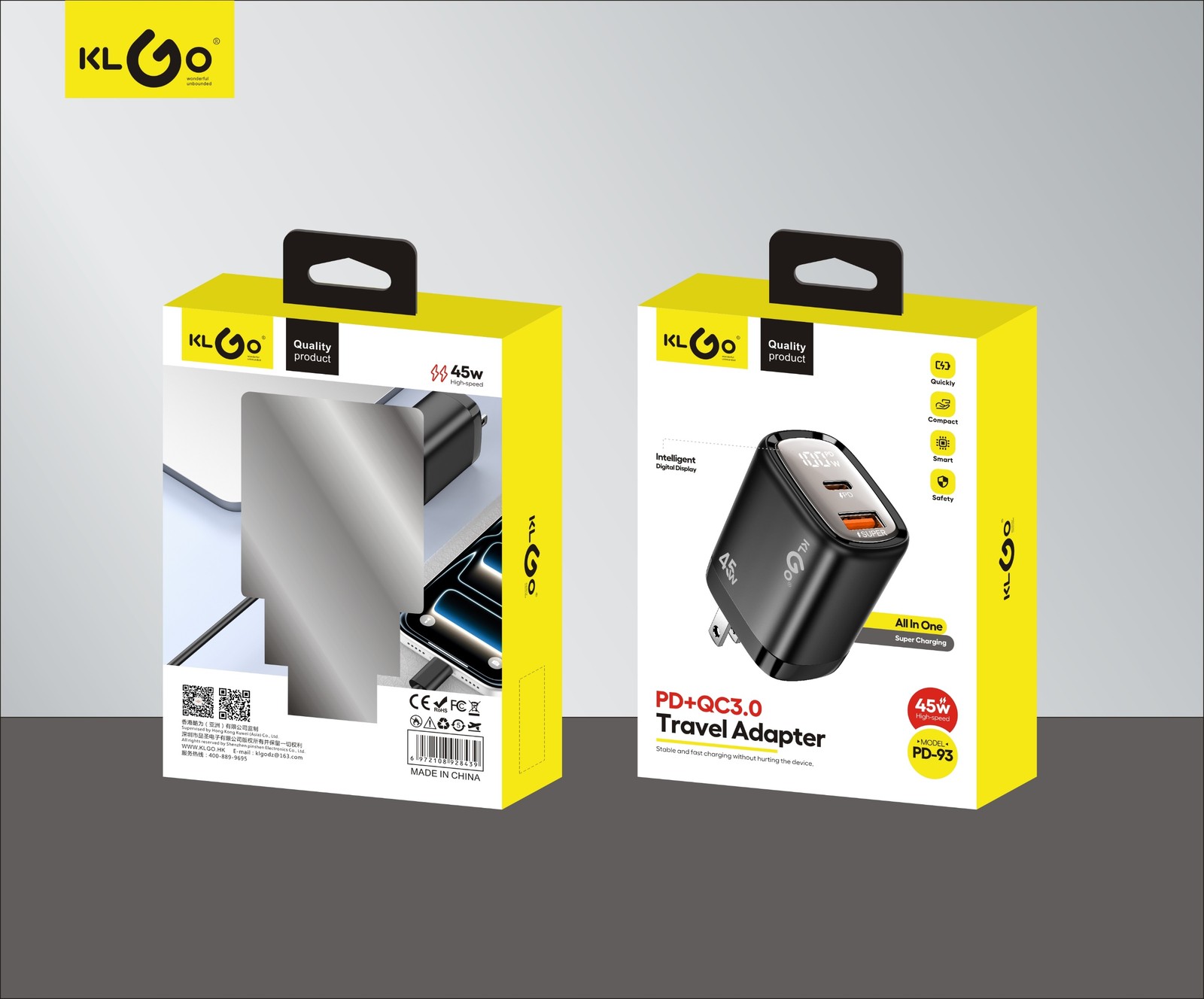 شاحن جوال سريع 45W بمنفذين Type-C + USB-A  موديل PD-93