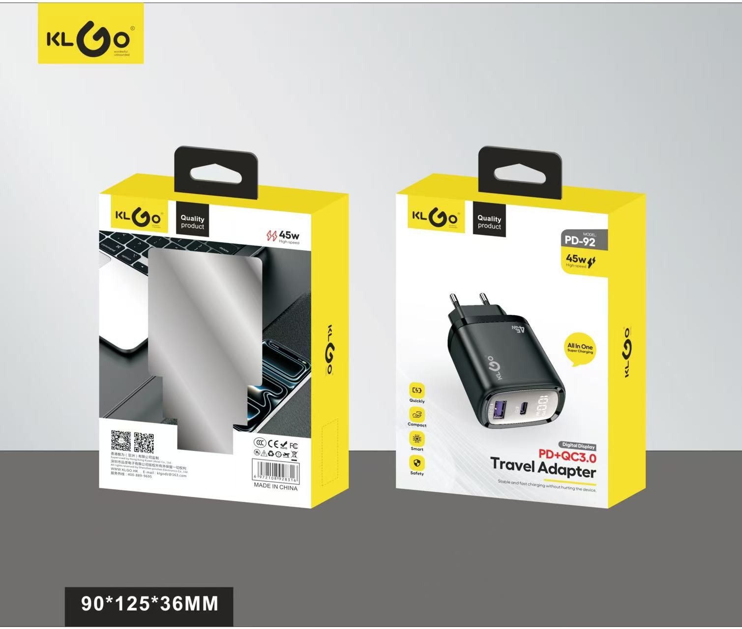 شاحن جوال سريع 45W بمنفذين Type-C + USB-A   موديل PD-92