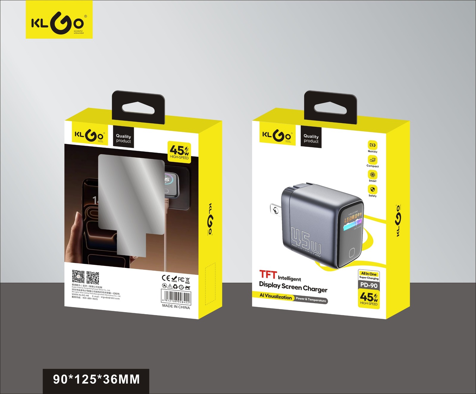 شاحن جوال سريع 45W بمنفذين Type-C + USB-A (TFT) موديل PD-90