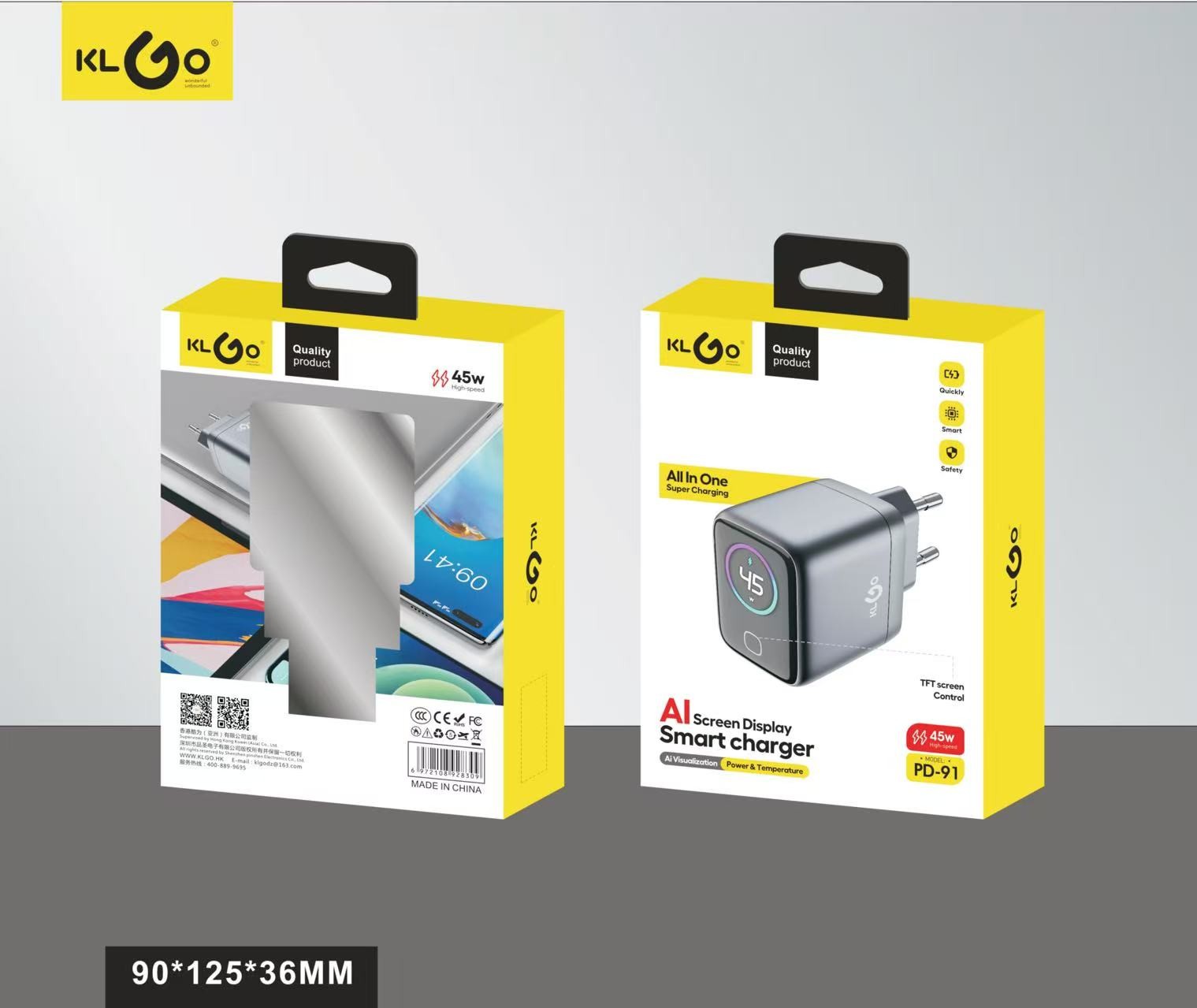 شاحن جوال سريع 45W بمنفذين Type-C + USB-A (TFT)  موديل PD-91