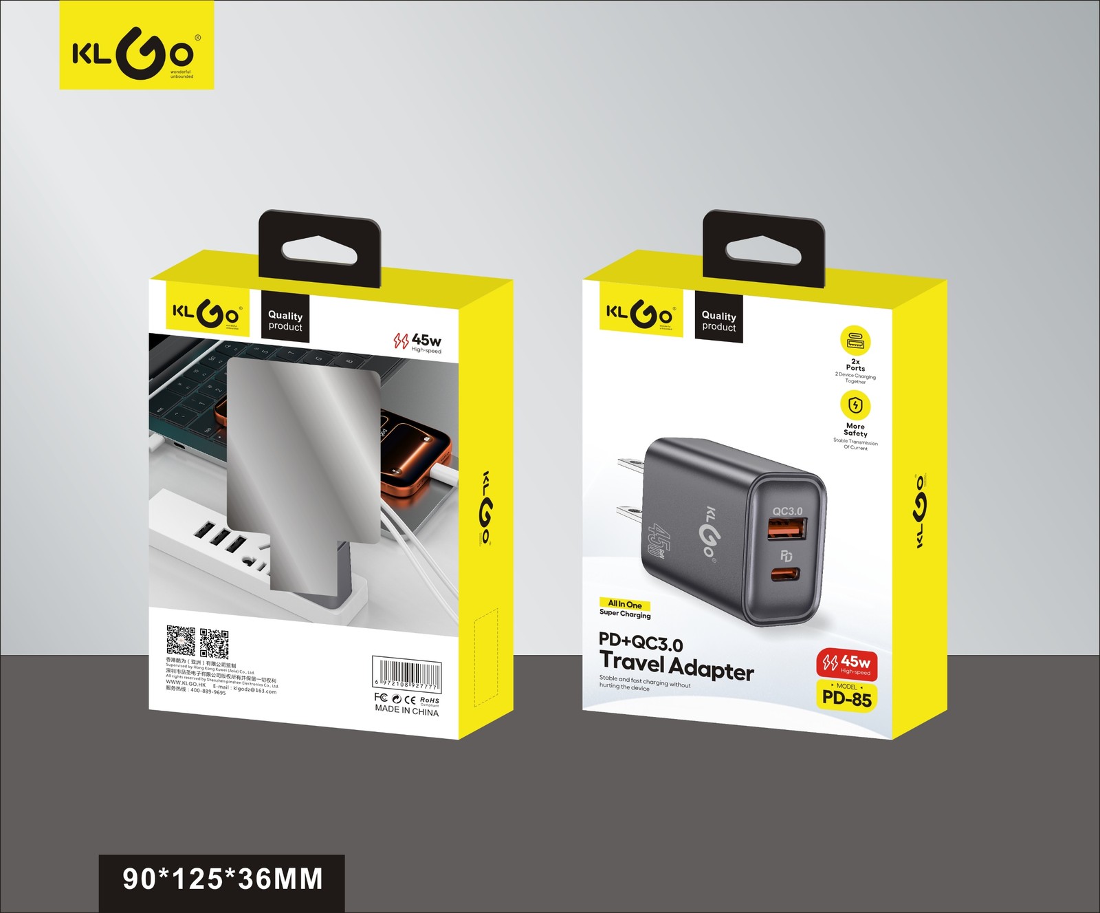 شاحن جوال سريع 45W بمنفذين Type-C + USB-A موديل PD-85