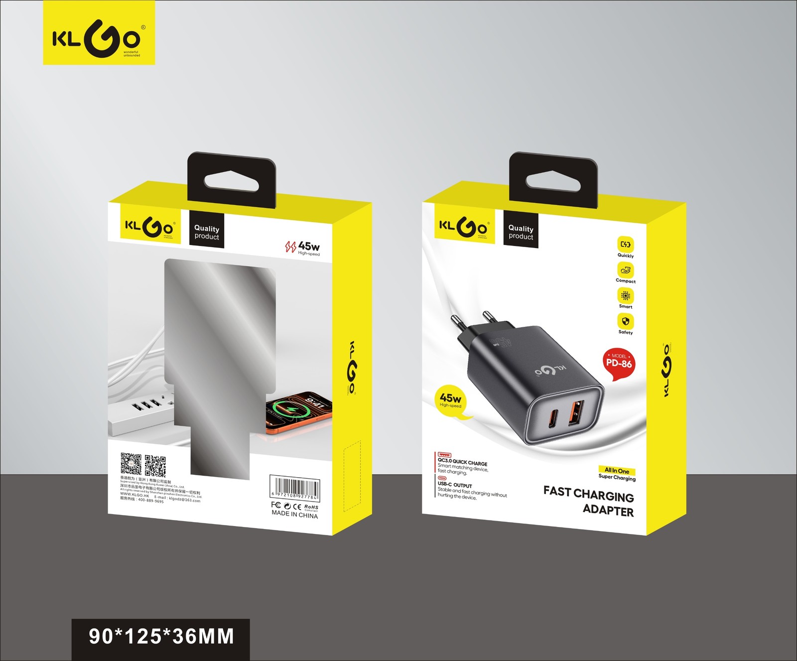 شاحن جوال سريع 45W بمنفذين Type-C + USB-A  موديل PD-86