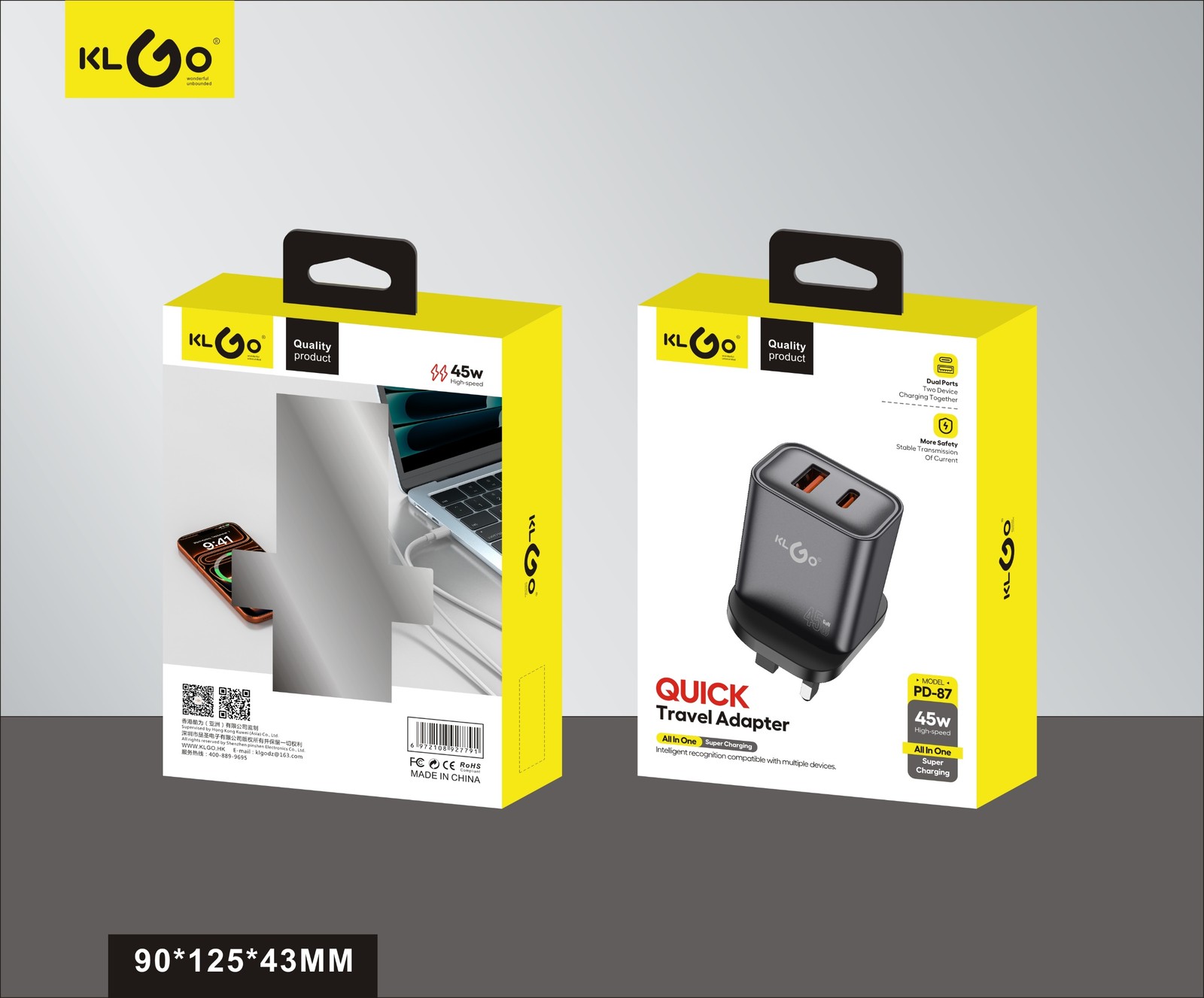 شاحن جوال سريع 45W بمنفذين Type-C + USB-A قابس بريطاني موديل PD-87