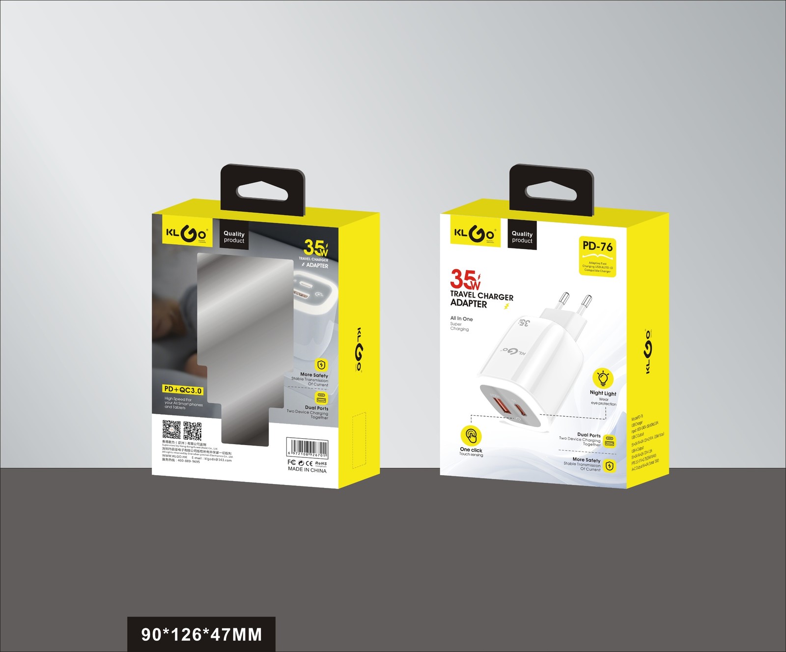 شاحن جوال سريع 35W بمخارج Type-C + USB-A + Lightning مع إضاءة ليلية  موديل PD-76