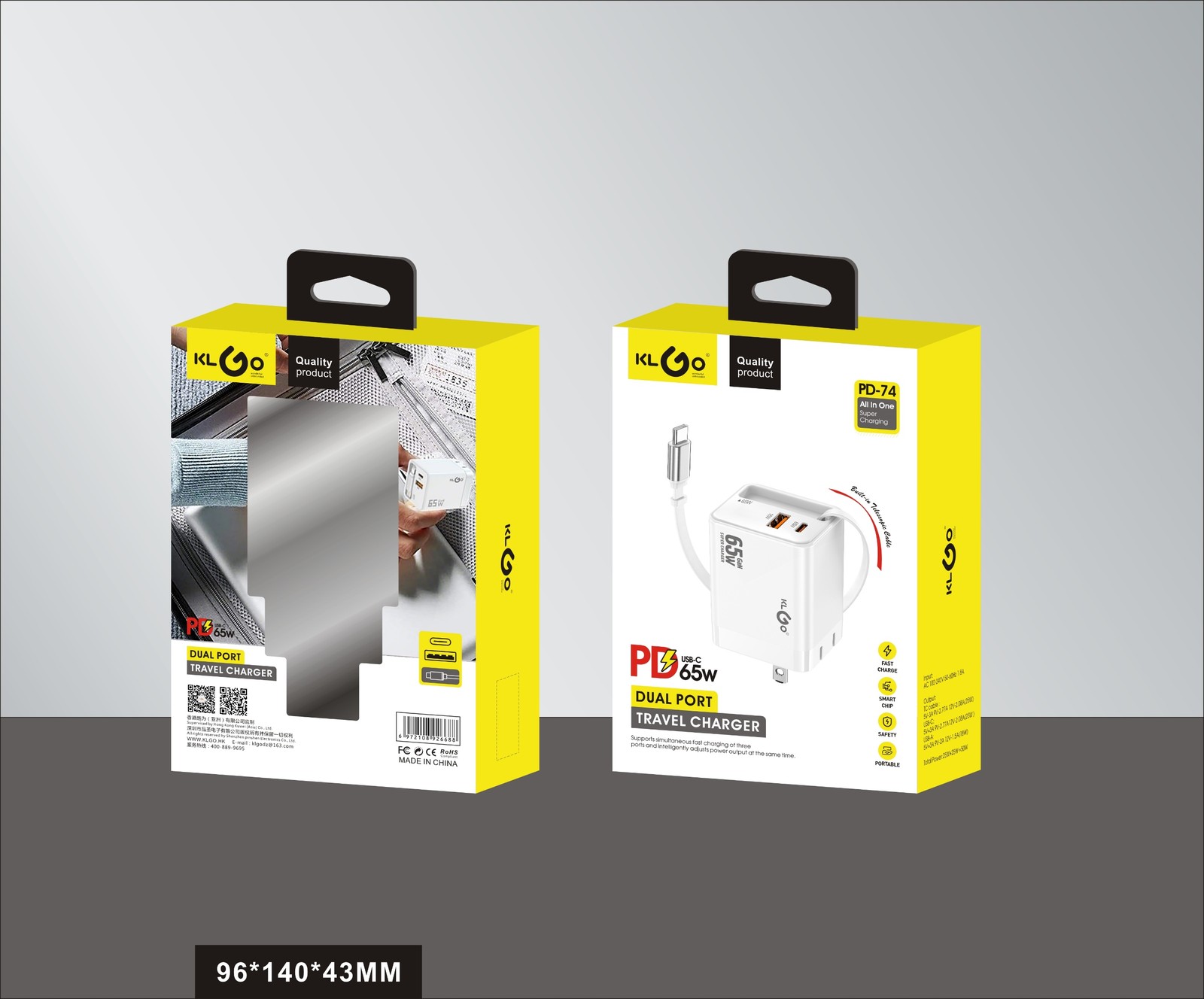 شاحن جوال سريع 65W بمنفذي Type-C ومنفذ USB-A موديل PD-74