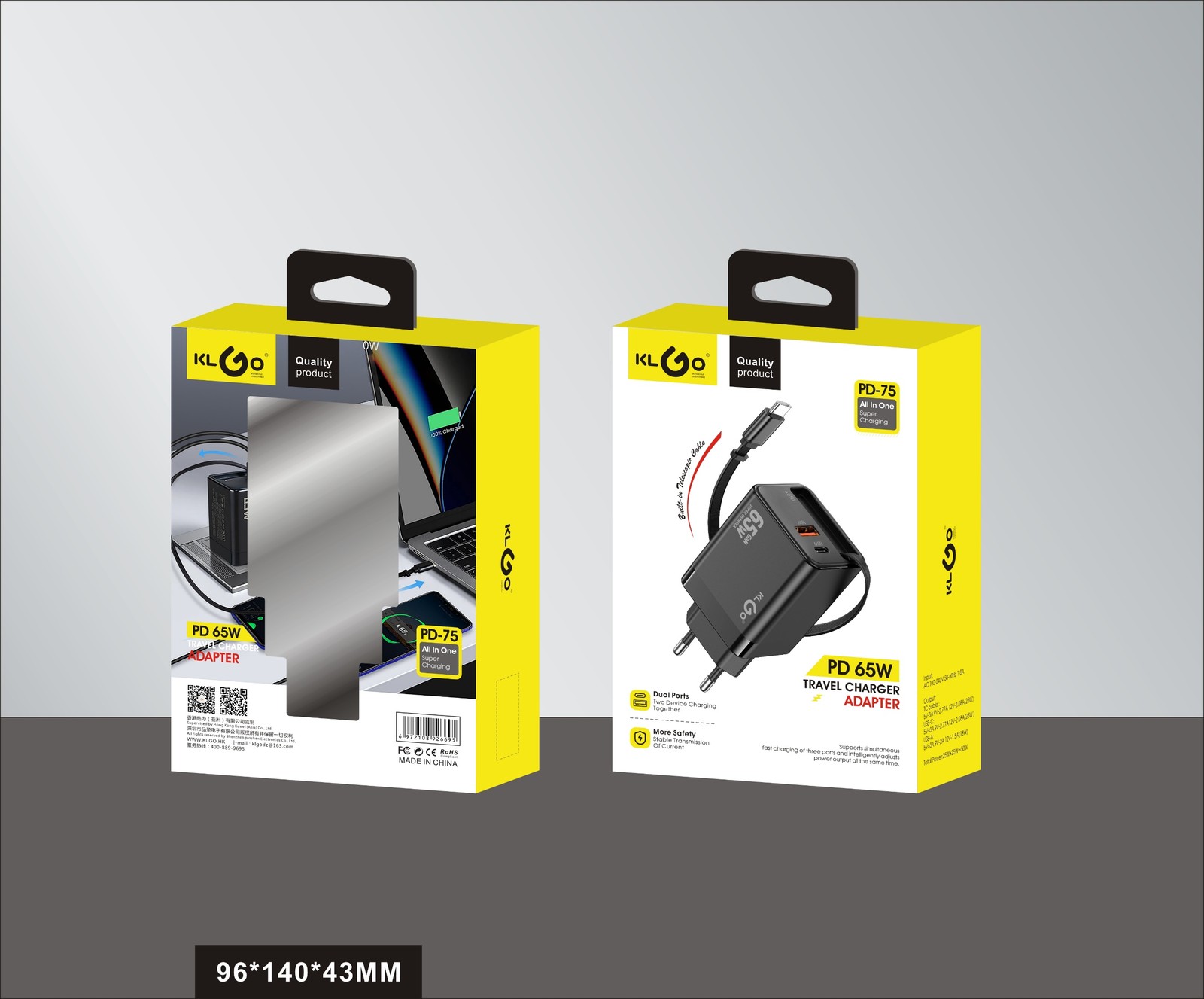 شاحن جوال سريع 65W بمنفذي Type-C ومنفذ USB-A  موديل PD-75