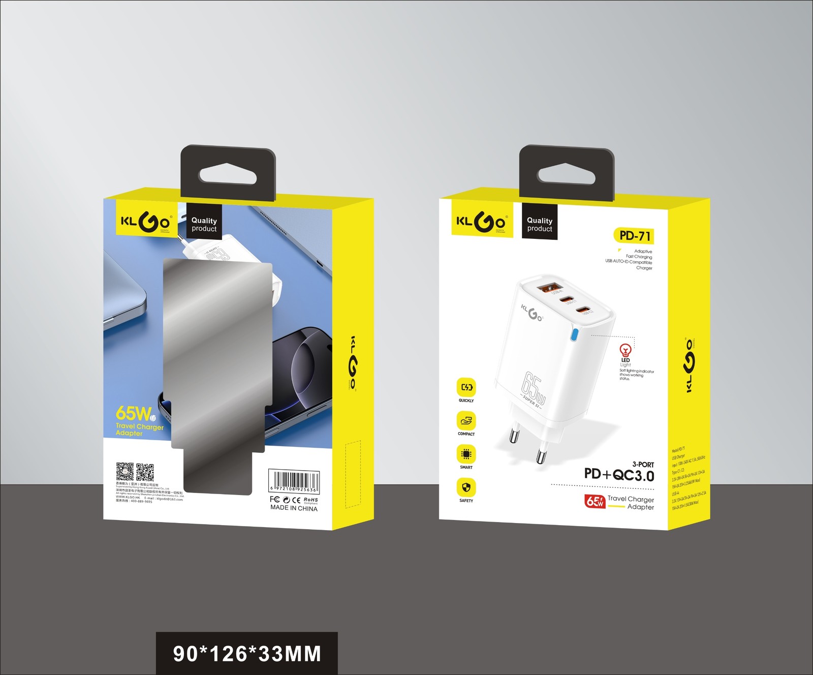 شاحن جوال سريع 65W بمنفذي Type-C ومنفذ USB-A  موديل PD-71