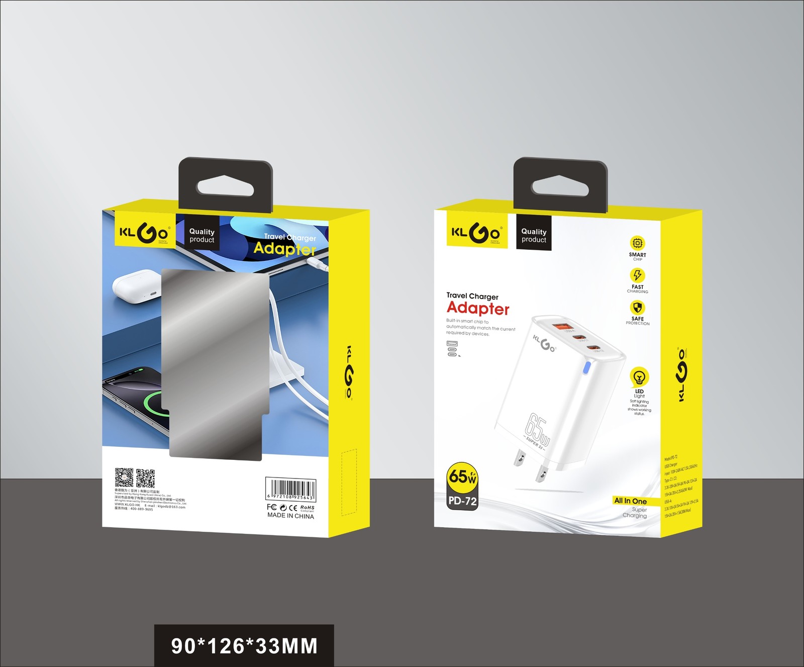 شاحن جوال سريع 65W بمنفذي Type-C ومنفذ USB-A موديل PD-72