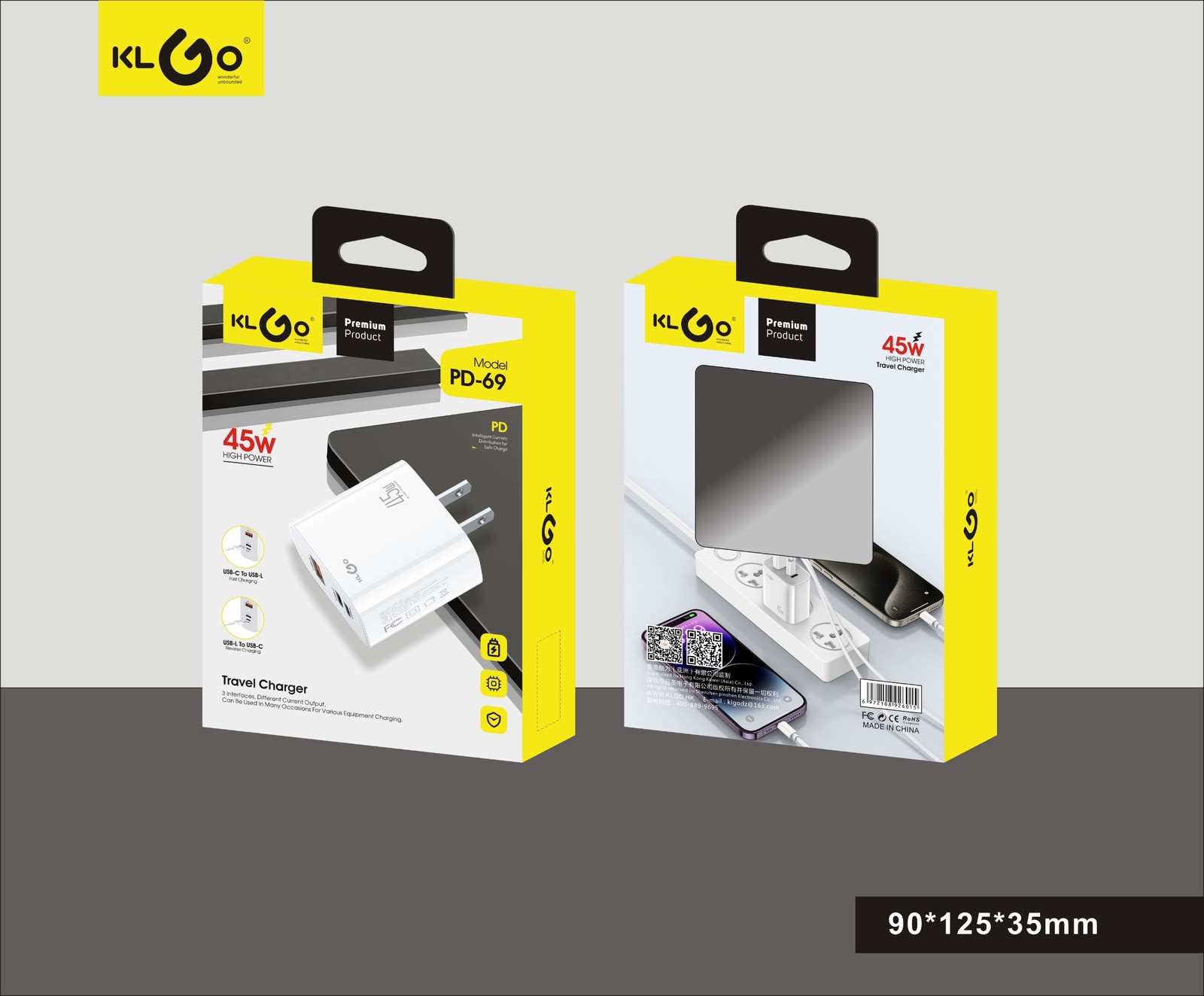 شاحن جوال سريع 45W بمخارج Type-C + USB-A + Lightning موديل PD-69