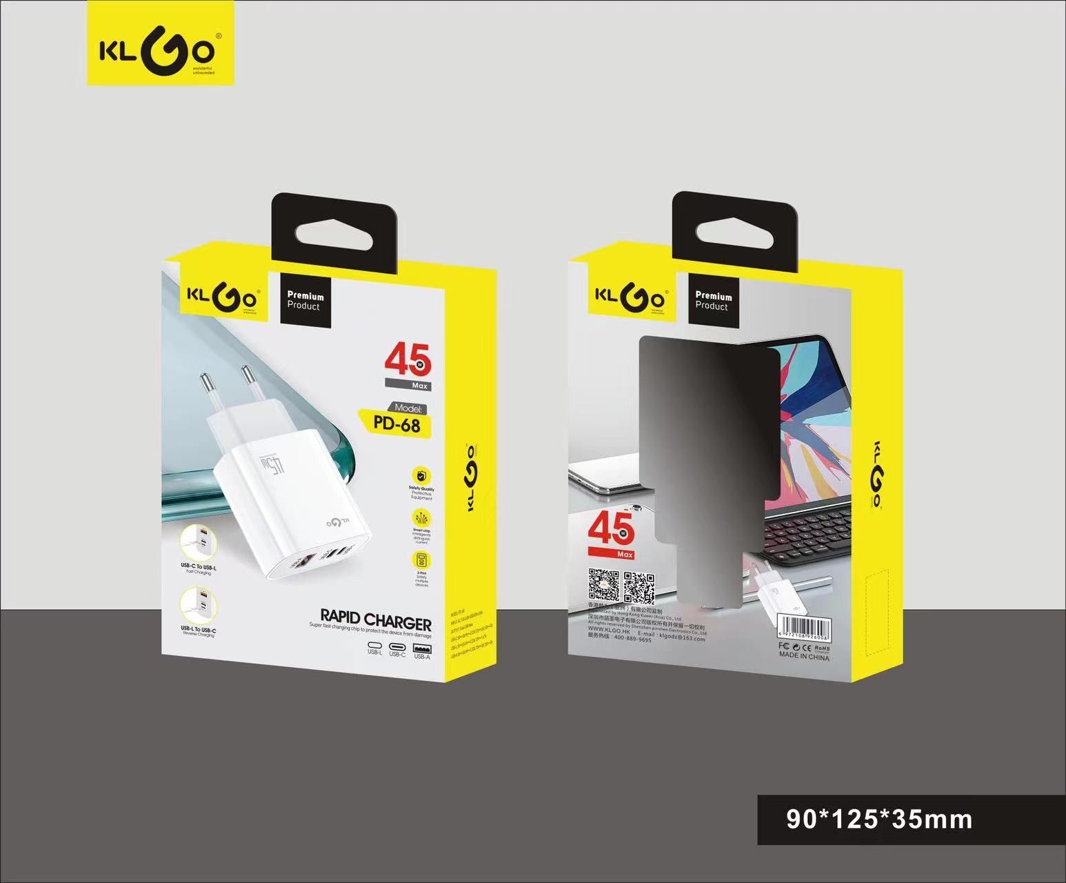 شاحن جوال سريع 45W بمخارج Type-C + USB-A + Lightning  موديل PD-68