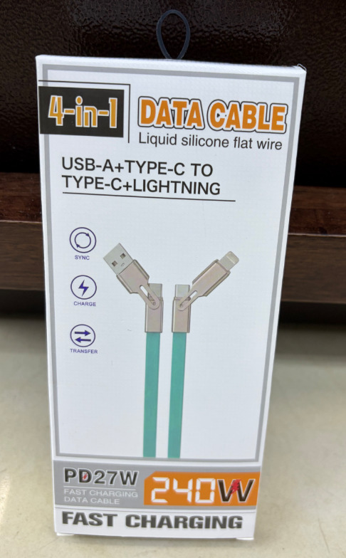 كابل شحن 4 في 1 مسطح سيليكون (USB-A + Type-C إلى Type-C + Lightning) 240W - موديل 2N2