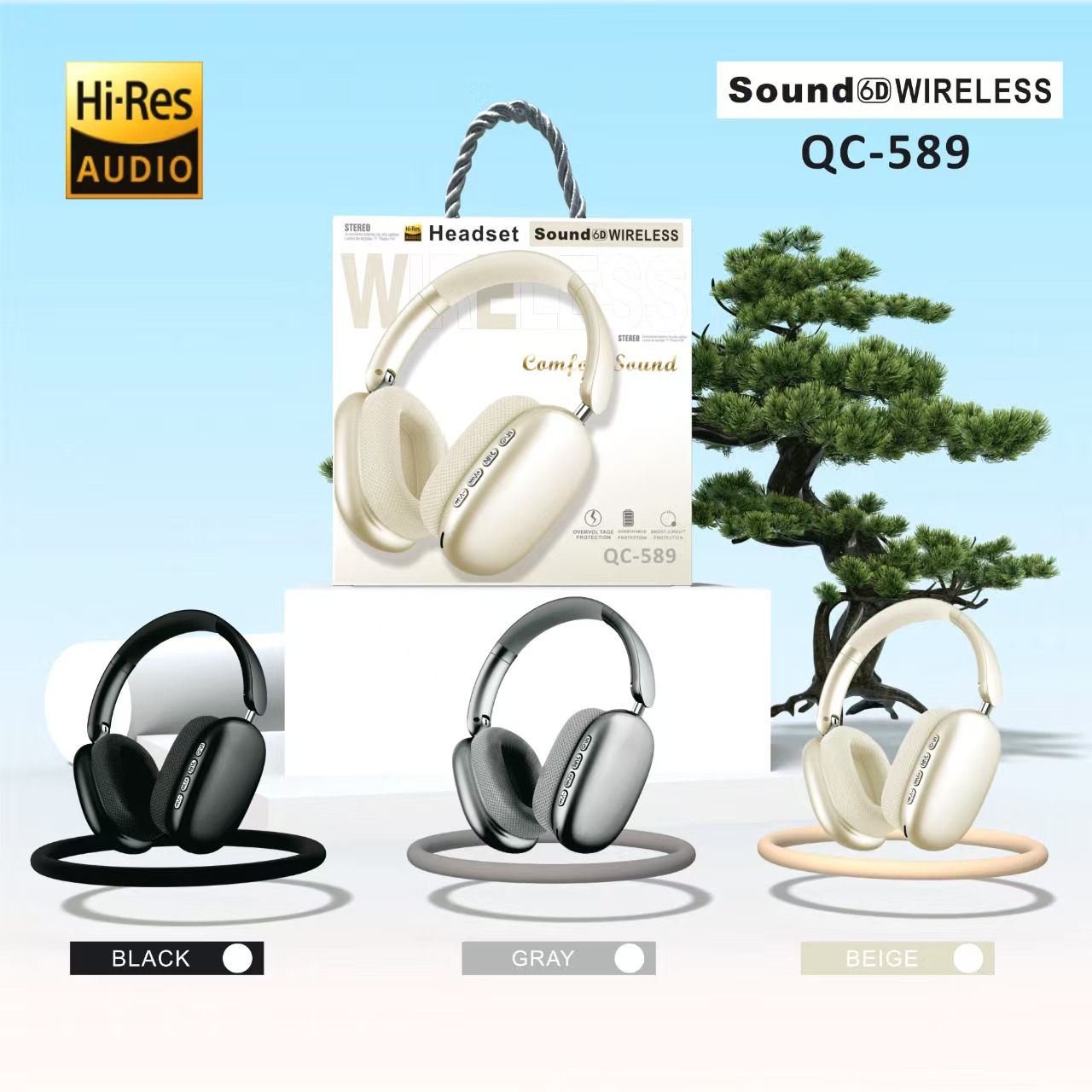 سماعة رأس لاسلكية بلوتوث بتصميم Max بجودة Hi-Res - موديل QC-589