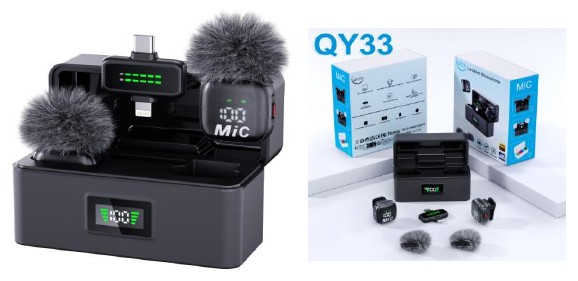 مايكروفون لاسلكي لافالير QY33 بمستقبل 2 في 1 (2 مايك)