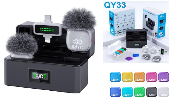 مايكروفون لاسلكي لافالير QY33 بمستقبل 2 في 1 (2 مايك) مع 10 واجهات ملونة
