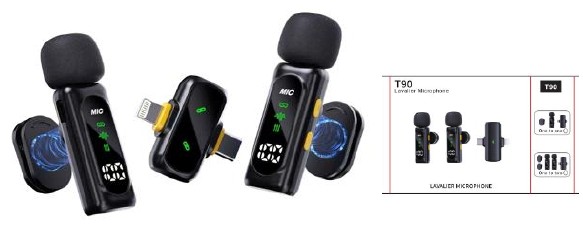 مايكروفون لاسلكي لافالير T90 1 إلى 2 بمستقبل 2 في 1 (2 مايك)