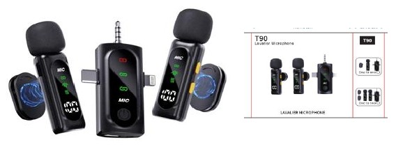 مايكروفون لاسلكي لافالير T90 1 إلى 2 بمستقبل 3 في 1 (2 مايك)