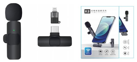 مايكروفون لاسلكي لافالير K8 1 إلى 1 بمستقبل Type-C أو Lightning (مايك واحد)