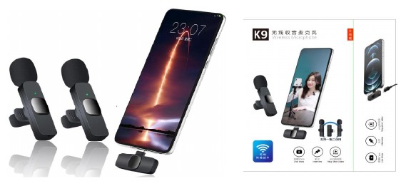 مايكروفون لاسلكي لافالير K9 1 إلى 2 بمستقبل Type-C أو Lightning بخاصية الشحن (2 مايك)